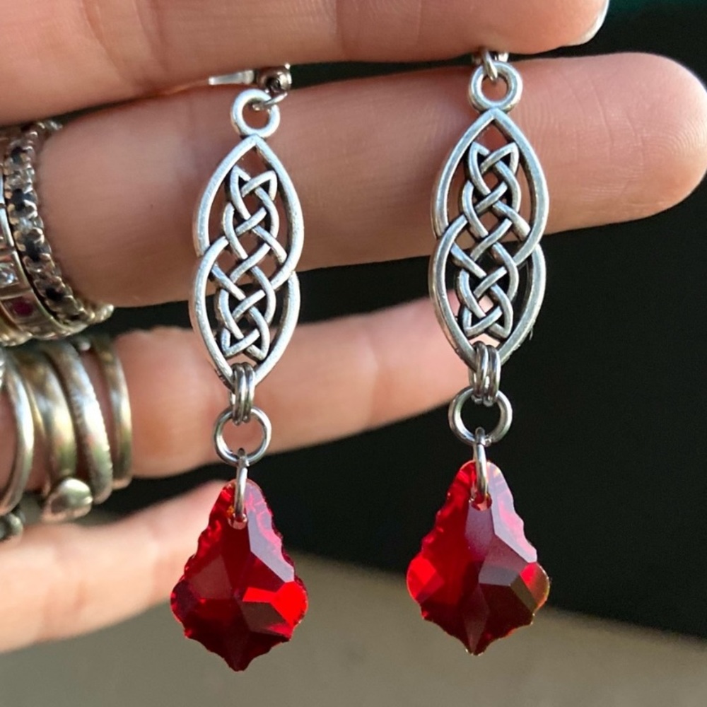 Celtic knot dangly earrings & red austrian crystals boho goth stainless steel